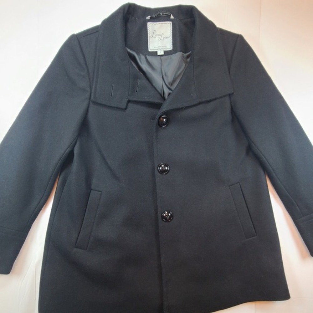 Larry Levine Black Wool Coat Womens L Peacoat Button Front Classic Minimalist